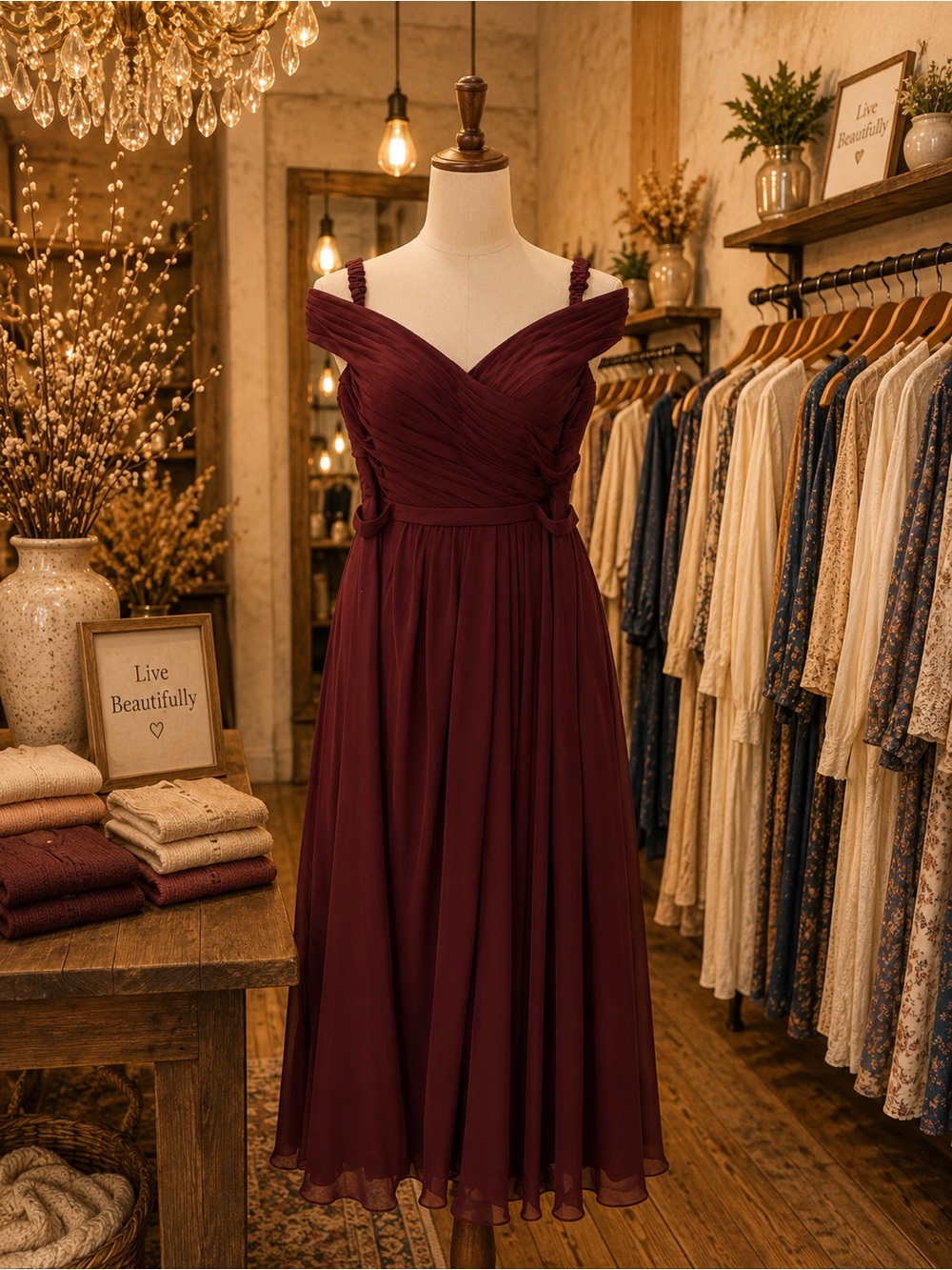 Elegant Off-Shoulder Burgundy Chiffon Evening Dress
